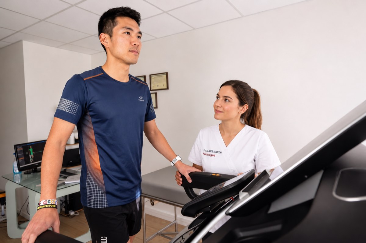 Podologue analysant la marche d'un patient sur tapis