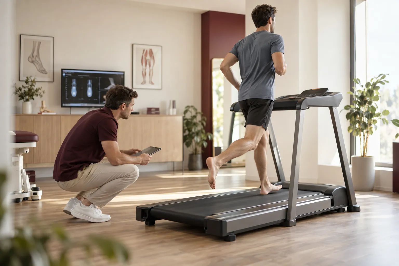 Analyse de la course d'un patient sur tapis par un pédicure-podologue, tablette en main, avant la rédaction du compte-rendu de consultation